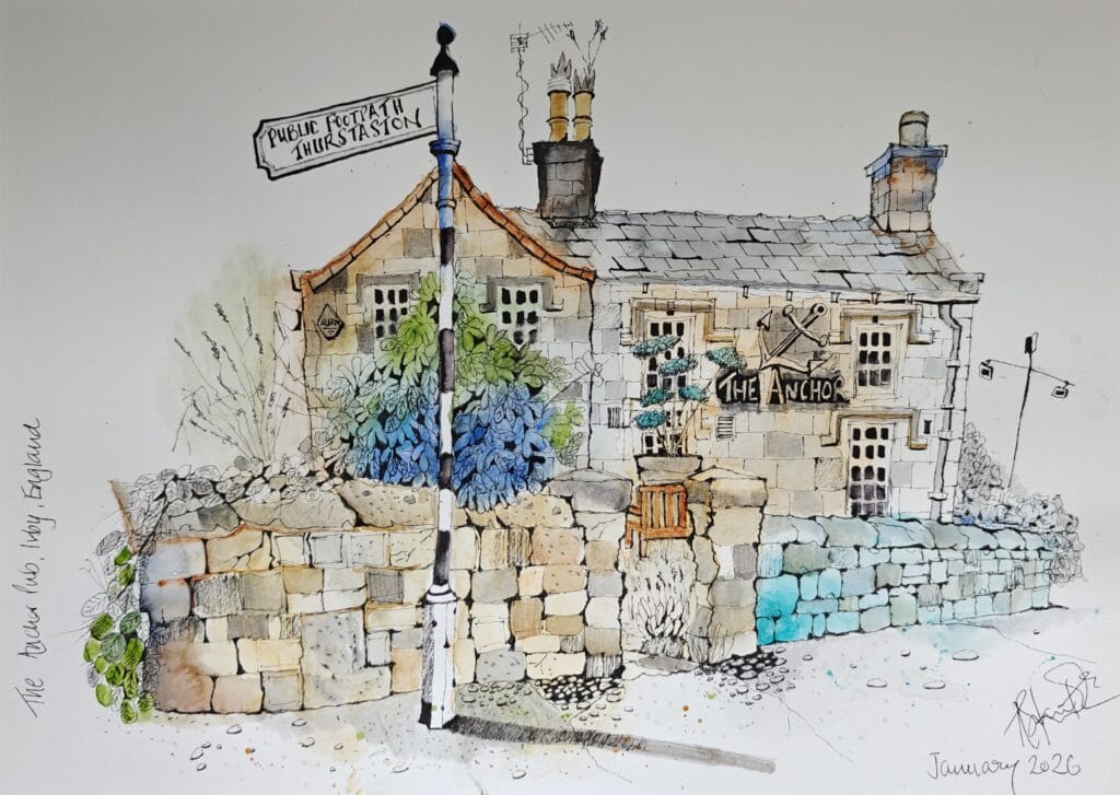 Pen and watercolor sketch of a stone building with chimneys and detailed architectural features, by student (oplus submission).