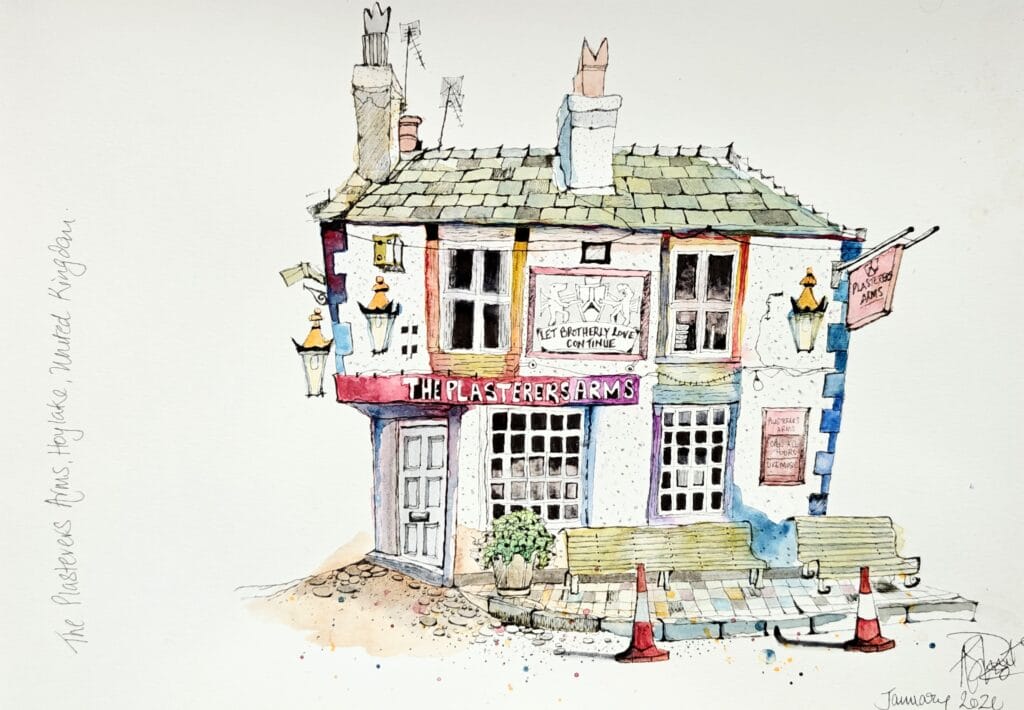 Pen and watercolor urban sketch of a colorful high street with shopfronts and pedestrians, by student (oplus submission).