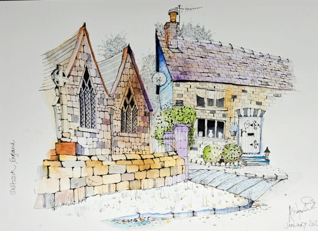 Pen and watercolor sketch of a stone cottage or church building with detailed stonework and garden, by student (oplus submission).