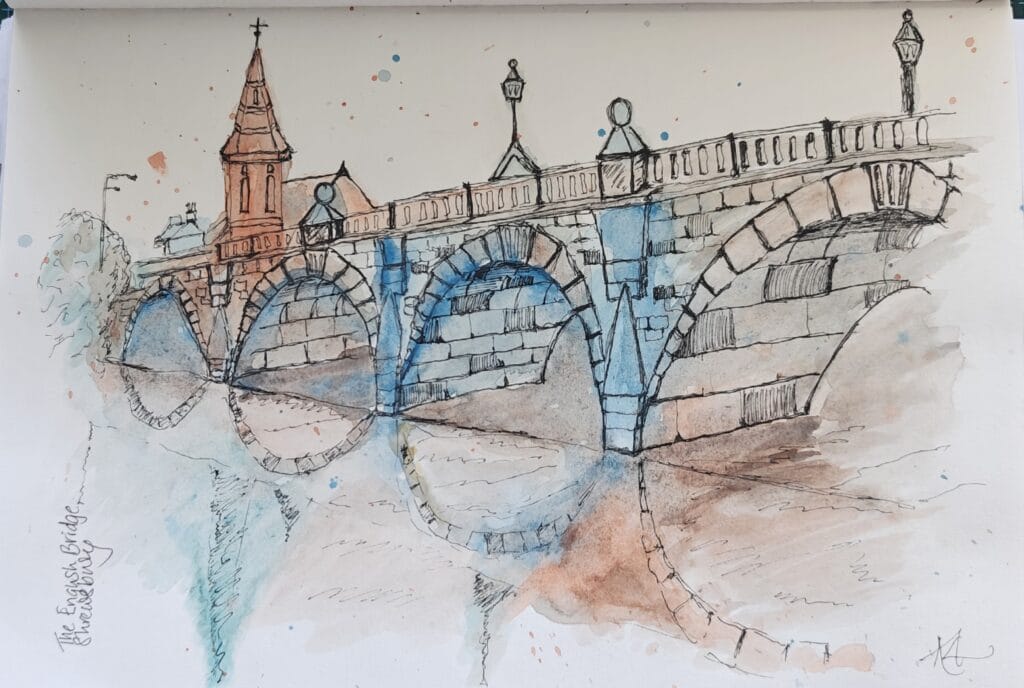 Pen and watercolor sketch of a stone arched bridge with colorful reflections in the water below, by student (oplus submission).